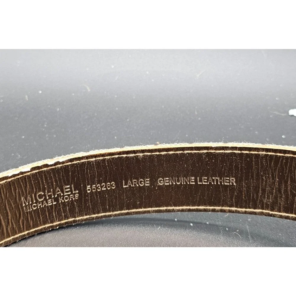 Michael Kors Signature Monogram Logo Canvas Leather Belt Gold Buckle Size L